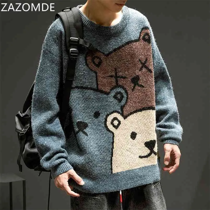 Zazomde漫画クマのセーター男性冬の男性服のファッション長袖ニットプルオーバーセーター特大コットンコート210902