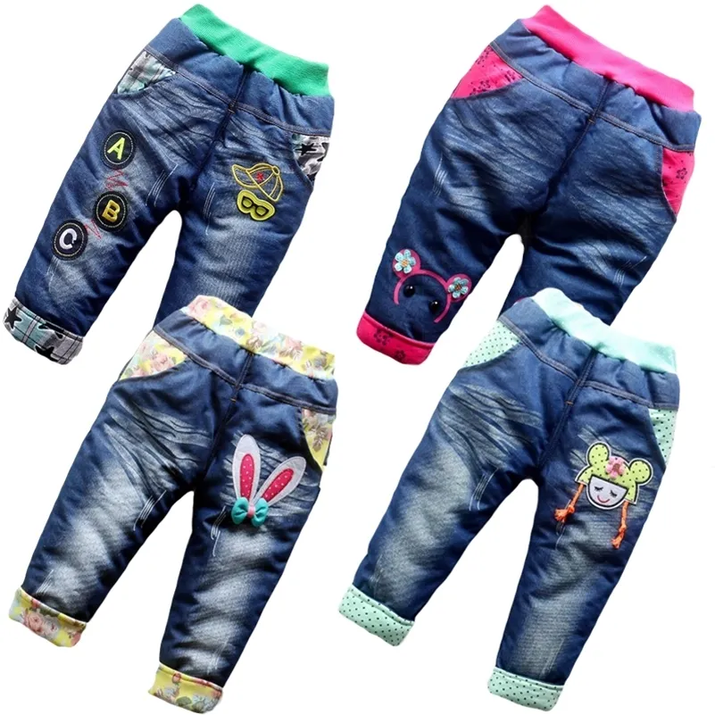 Nova moda meninas outono inverno engrossar jeans bebê boyembroidy jeans crianças cintura elástica calças de inverno calças aquecidas 210306