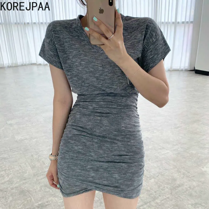Korejpaa Women Dress Summer Korea Chic Ladies Simple Slimming Scollo a V Soft Skin-Friendly Slim Fit Casual Wrap Vestidos 210526