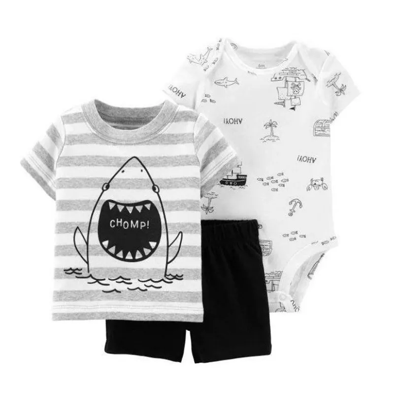 baby boy outfit short sleeve cartoon shark t shirt tops+bodysuit+shorts for summer newborn clothes set 2019 new born clothing