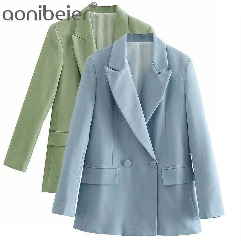 Blue Green Blazers OL Spring Summer Notched Collar Double Breasted Women Casual Long Coat Office Lady Suit Jacket 210604