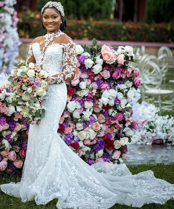 Artı Boyutu Arapça ASO Ebi Mermaid Weddding Elbiseleri 2022 Dantel Aplike Sheer O-Boyun Afrika Nijeryalı Bahçe Bridel Elbise Elbiseler