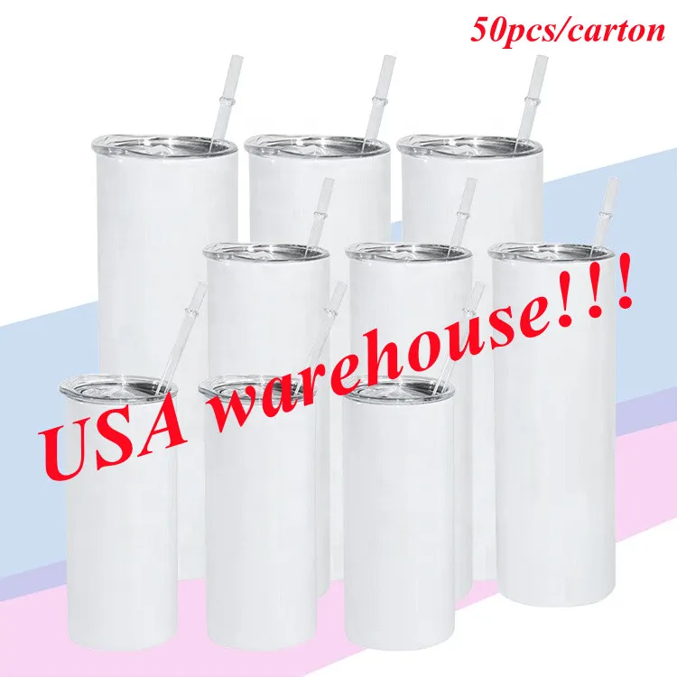Local Warehouse!!20oz sublimation straight tumbler blank white skinny tumblers seamless water bottle with straw and lids (50pcs/carton)