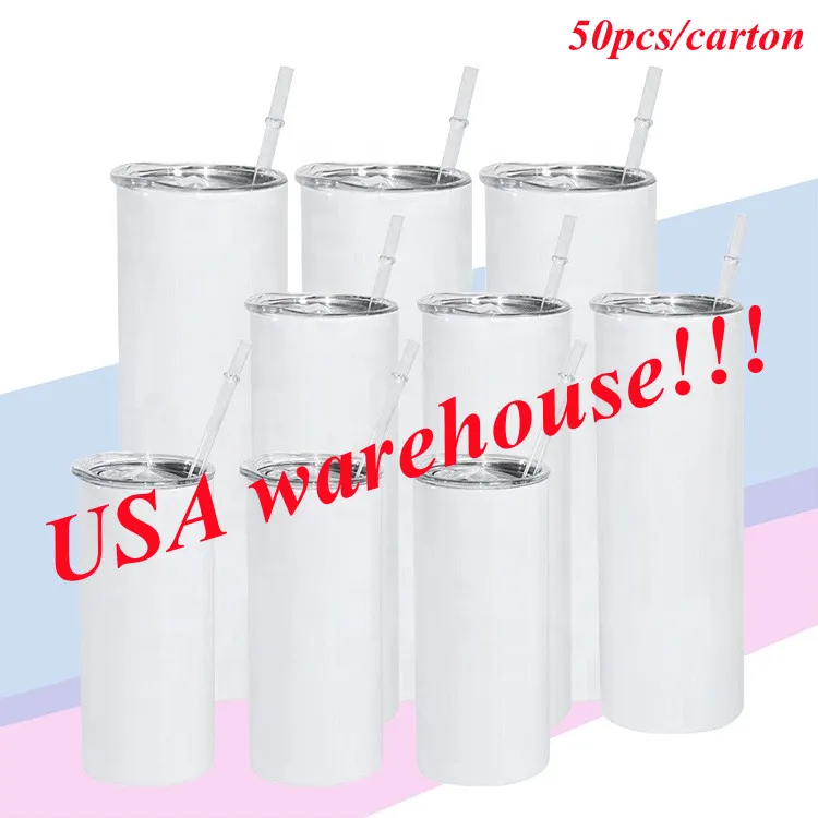 Lokales Lagern !! 20 Unzen Sublimation Gerade Tumbler leerer weiße dünne Tumbler nahtlose Wasserflasche mit Stroh und Deckel (50pcs / karton)