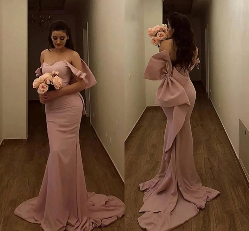 Mermaid Satin Bridesmaid Dresses 2021 Pink Sexy Off Shoulder Open Back Wedding Guest Prom Gowns Big Bowknot Arabic Formal Evening Party Dress AL9566