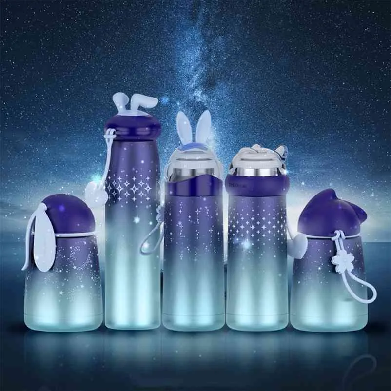 ステンレス鋼の魔法瓶カップの真空雷ウサギ漫画携帯電話の水のびんの魔法瓶マグギフトマルチスタイルのトレンディ210913