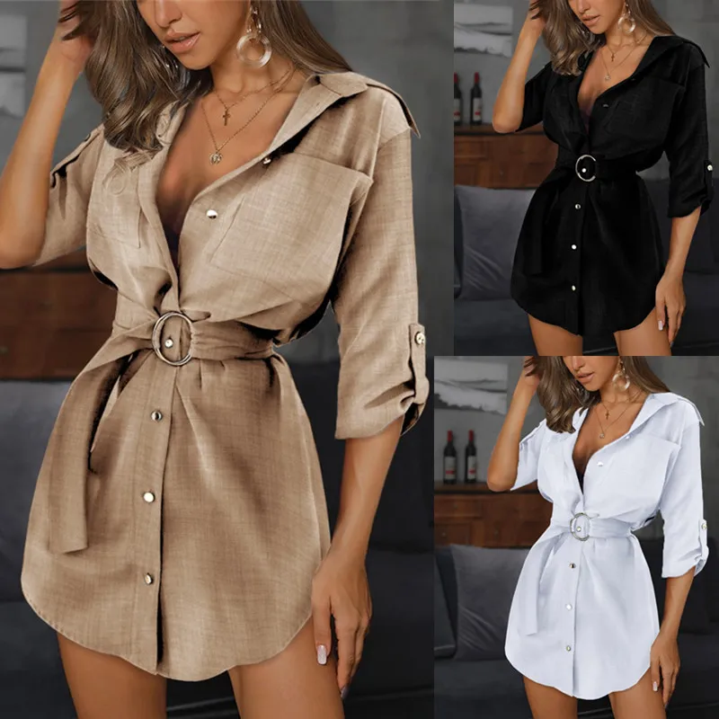 Dames slanke sexy shirt jurk v-neck zomer vrouw stevige kleur ol riem revershals jurken vrouwen mode casual kleding