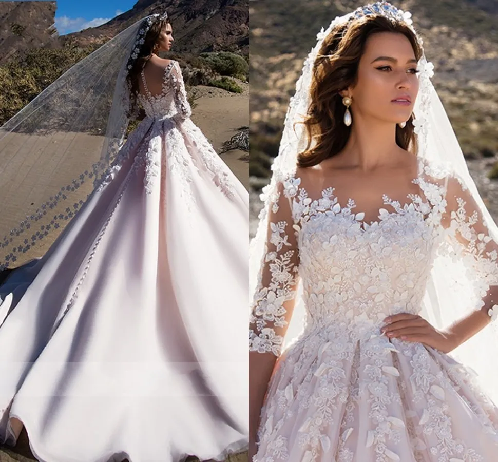 Abiti da sposa a-line 2022 Mezza manica Abito da sposa principessa Scoop romantico Fiori con perline 3D Abito da sposa vintage Robe De Mariage Nuovo