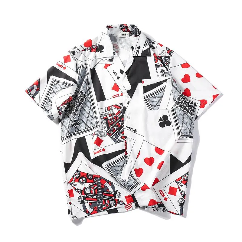 Poker tryckt strandskjorta för män kortärmad vit lapel krage hajuku hawaiian man lös