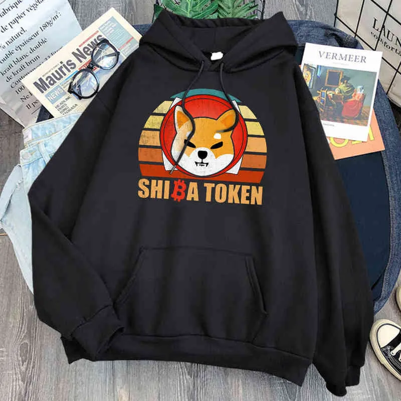 Shiba Token Inu Cão Imprimir Hoodies Masculino Fleece Casual Desenhos Animados Com Capuz Pulloões O Pescoço Vintage Top Roupas Hip Hop Homens Hoodie H1227