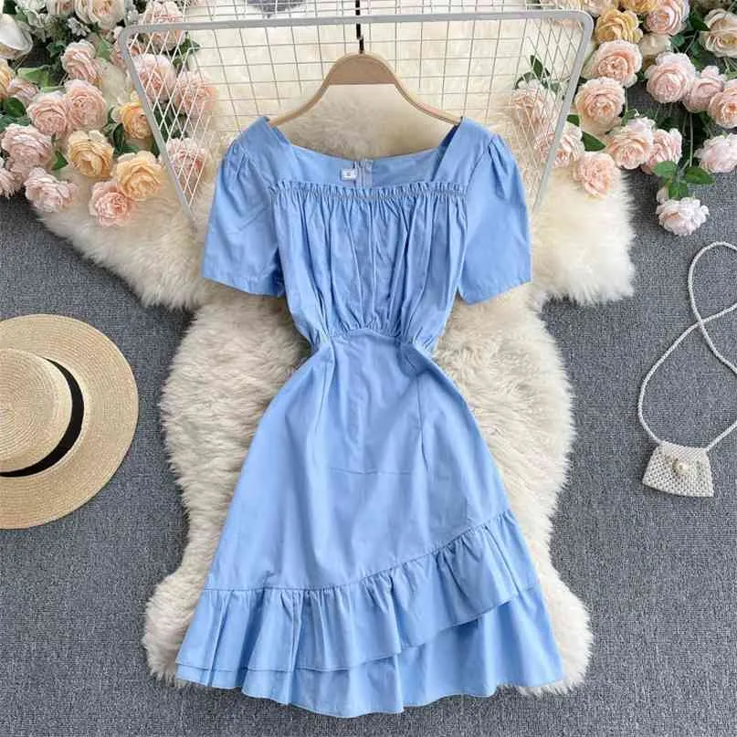 French Vintage Blue Short sleeve dress with Short Sleeves, Square Collar, Ruched Detailing, and Irregular Ruffles - Perfect for Casual Summer Wear ( French Vintage Blue Short sleeve dress with Short Sleeves, Square Collar, Ruched Detailing, and Irregular Ruffles - Perfect for Casual Summer Wear (