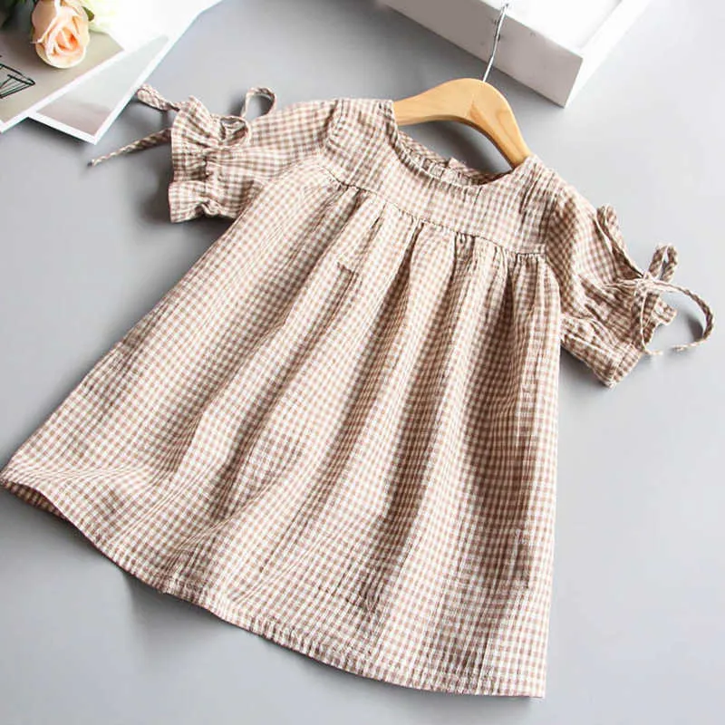 Nowe Mody Girls Dress Koszulki Dzieci Luźna Plaid Letnia Sukienka Vintage O-Neck Krótki Rękaw Princess Dress 2-6Y Q0716