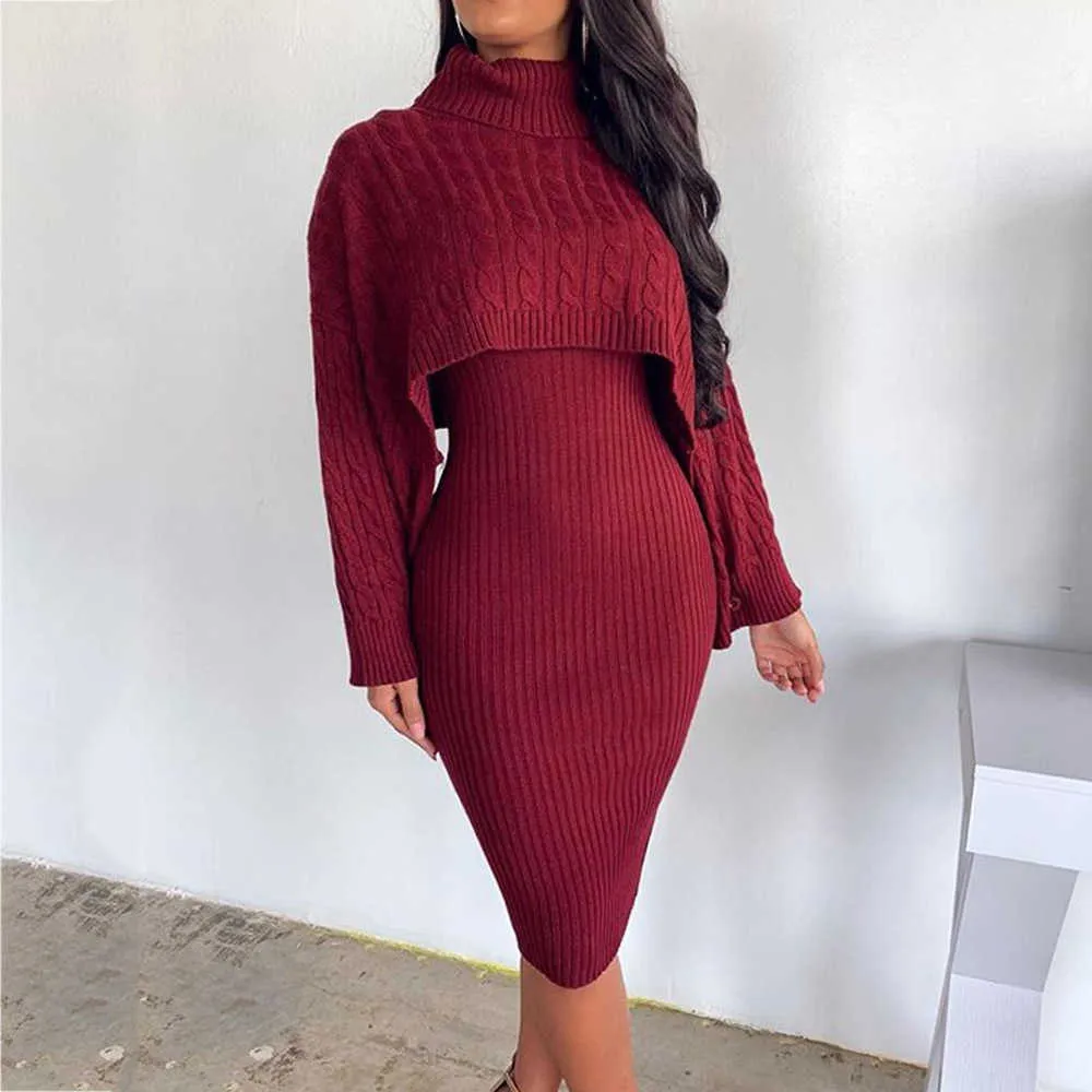 Women Winter Turtleneck Long Sleeve Sweater Dress Fashion Autumn Warm Bodycon Plus Size Midi Knitted Dresses Two Piece Sets Lady T307j