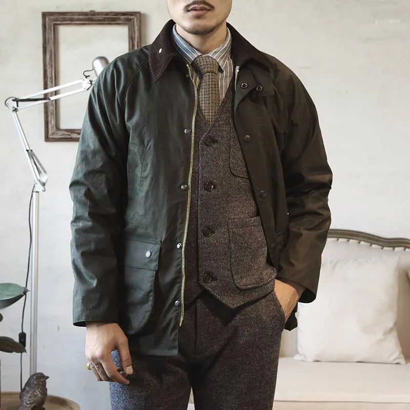 Classic Waxed Cotton Jacket Coat For Men Olive Green Slim Fit Men's Jackets