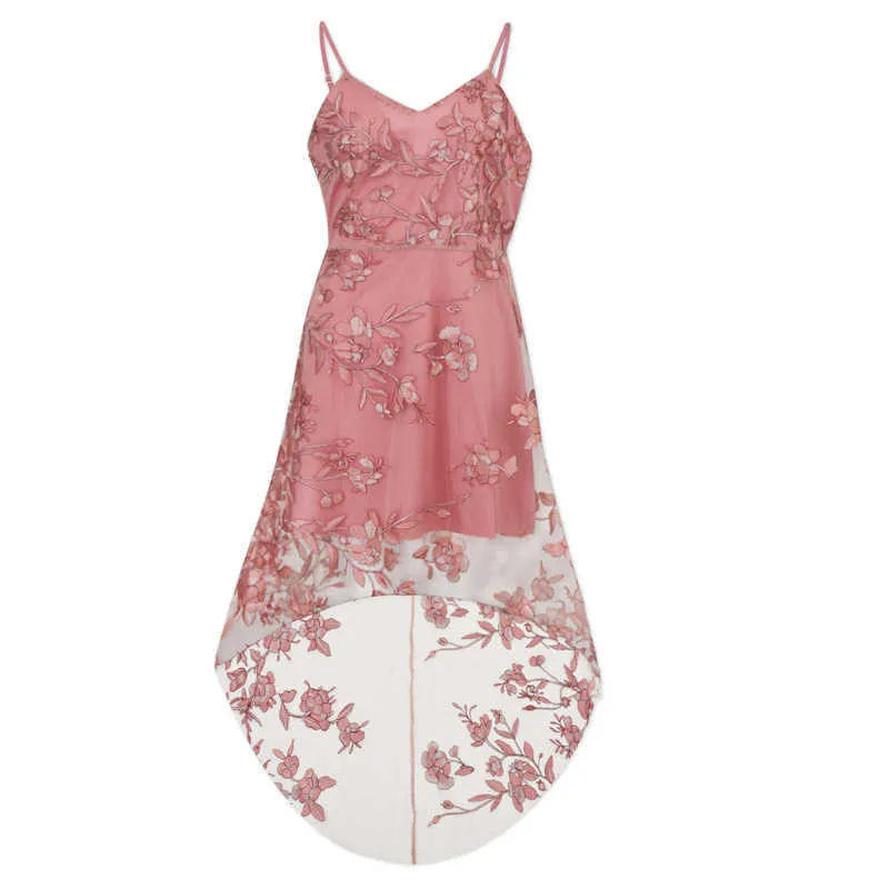 PEUT-ÊTRE U Strap Sans Manches Col En V Dos Nu Rose Broderie Mini Robe Asymétrique Floral Fleur Sexy D0600 210529