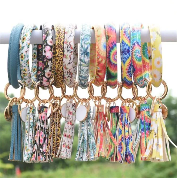 Fashion Women Sunflower Pattern Tassel Bracelets PU Leather Wrap Key Ring Leopard Lily Print Keychain Keyring Circle Bangle Chain Wristlet Bracelet Holder For Girl