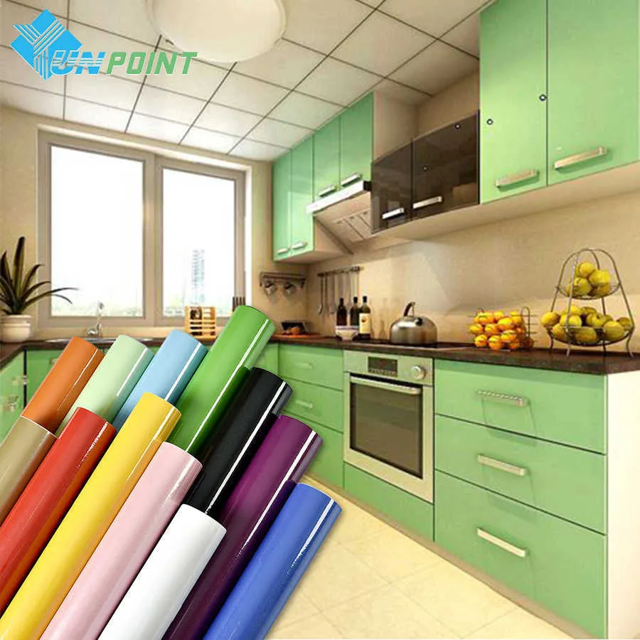 PVC glanzende flash muursticker keuken olie-proof kabinet renovatie film effen kleur zelfklevende meubels waterdicht behang 210705