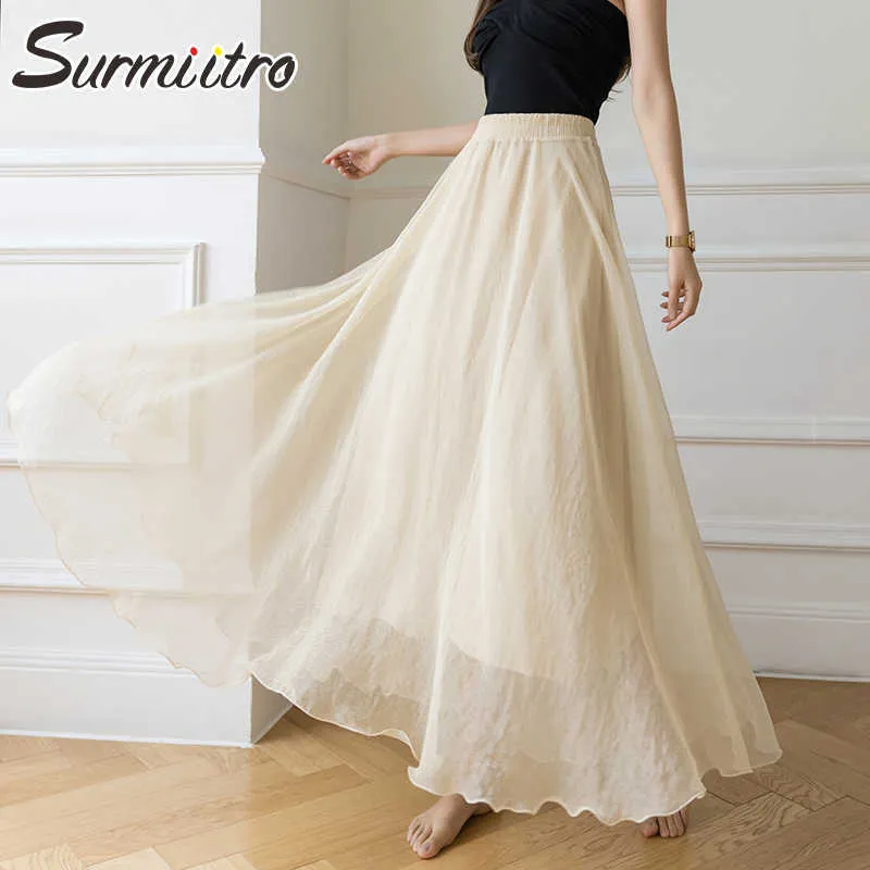 SURMIITRO mode été longue Tulle jupe femmes Style coréen élégant maille taille haute Maxi une ligne jupe femme 210712