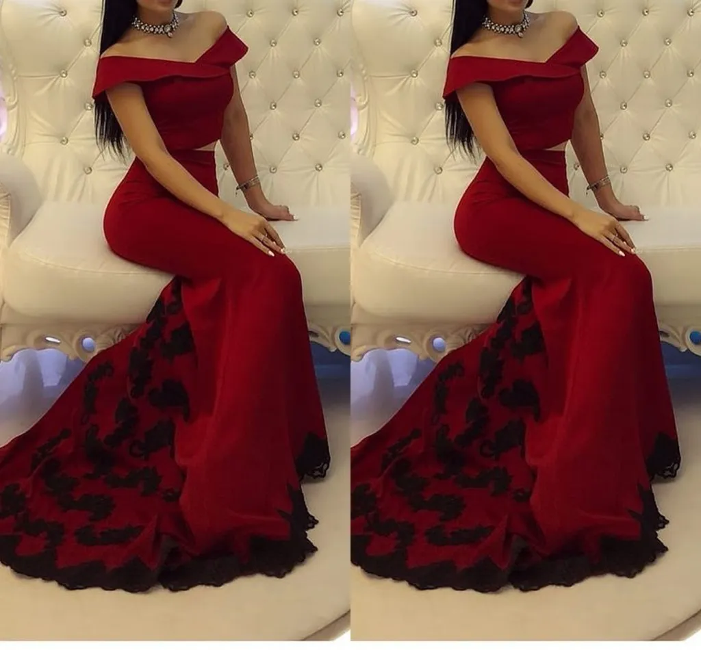 2022 Red Black 2 Piece Evening Prom Dresses Homecoming Long Off Shoulder Sleeves Applique Trumpet Graduation Dress For High School