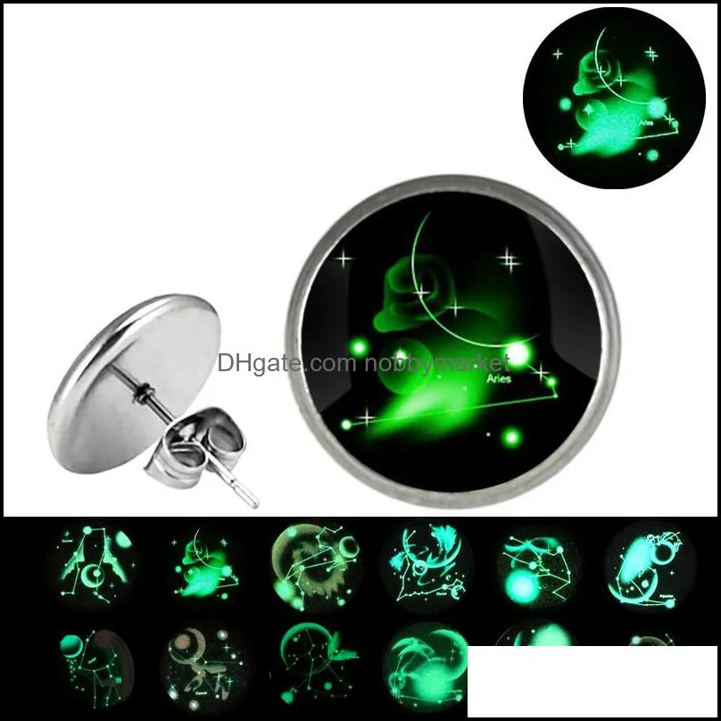 Orecchini a lobo Gioielli Glow In The Dark 12 Segno zodiacale per le donne Costellazione di vetro Acciaio inossidabile Anelli per orecchie ipoallergenici Sier Moda Dr