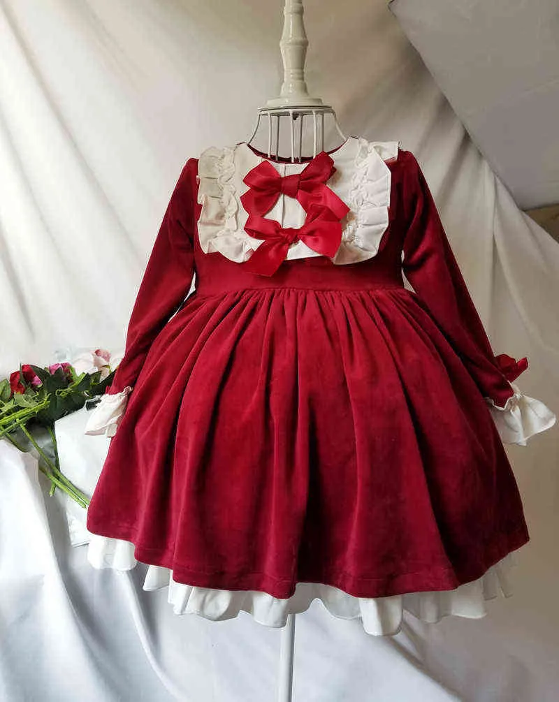 2021 Zima Dziewczynka Czerwone Suknie Nowy Rok Dzieci Party Princess Gruba Ciepła Sukienka Maluch Dziewczyny Z Długim Rękawem Aksamitne Boże Narodzenie Dress G1218