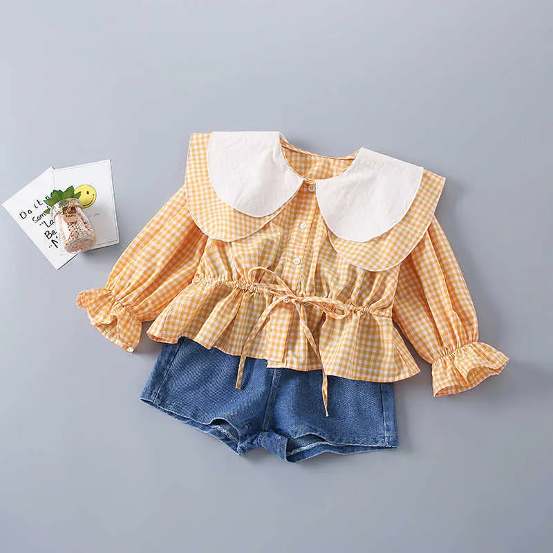 2-7 Years High Quality Spring Girl Clothing Set Fashion Casual Plaid Shirt + short Jeans Kid Children Girls 210615