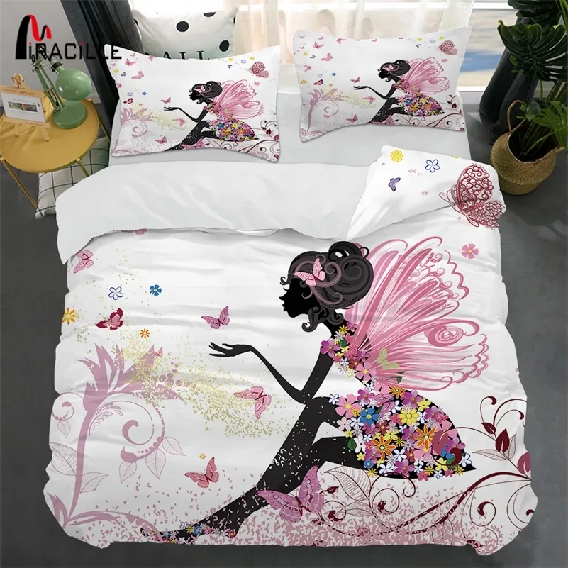 Miracille Pink Fairy Bedclothes 3D Printing Douget Cover наволочка набор для девушки спальня постельное белье для дома Домашний текстиль Двухместный Полный размер 210309