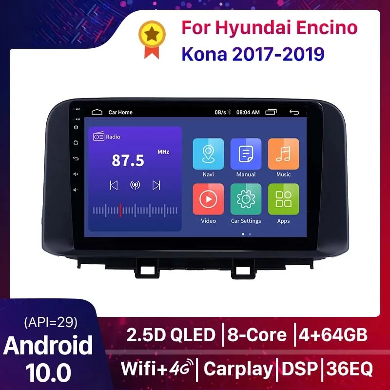 Lecteur multimédia DVD de voiture à écran tactile Android 10.0 HD GPS pour 2018 2019 Hyundai ENCINO Kona avec prise en charge Bluetooth Carplay