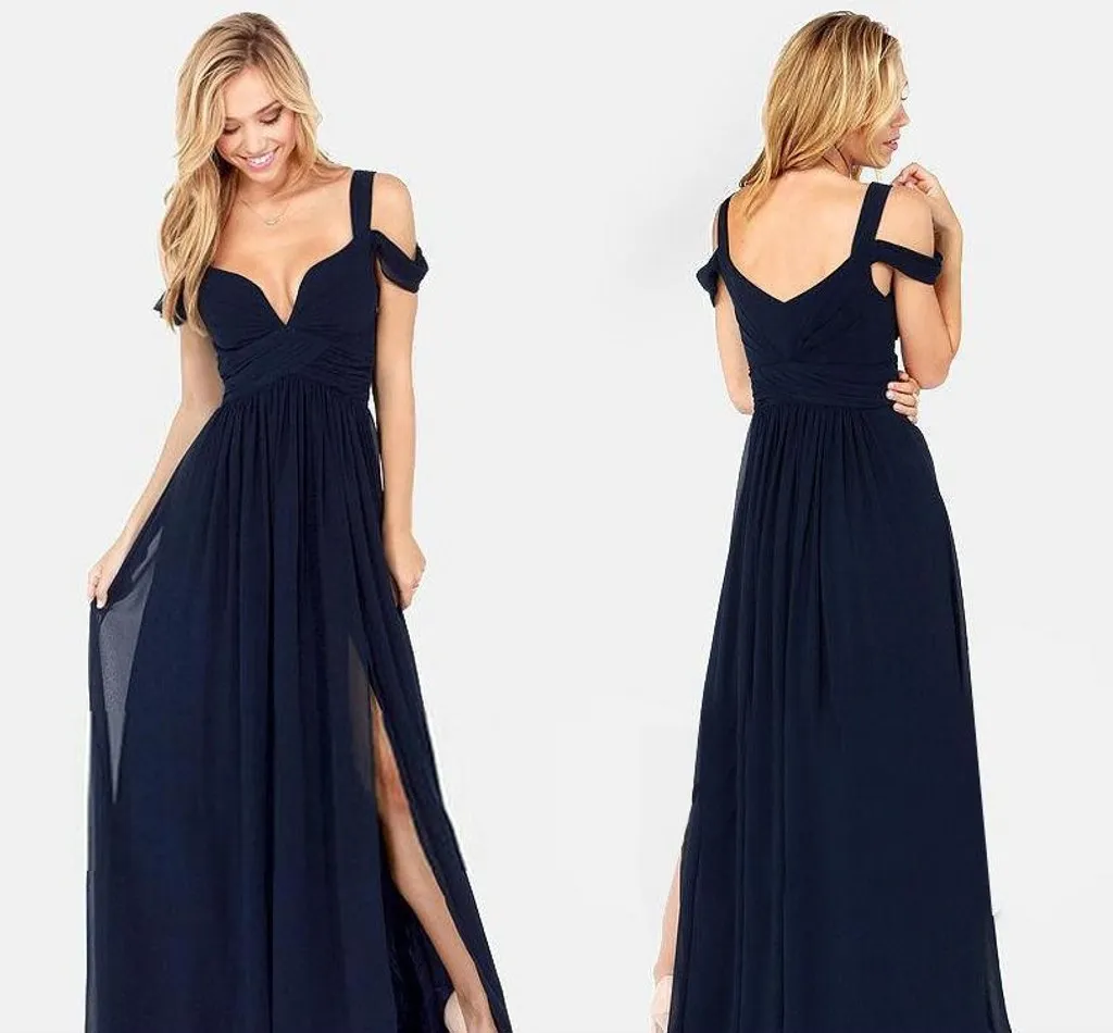 Plus Size Sexy Off The Shoulder Chiffon A Line Bruidsmeisjes Jurken Lange Backless Plooien Side Slit Maid of Honour Jurken Summer Beach Wedding Guest Prom Dress Al8814