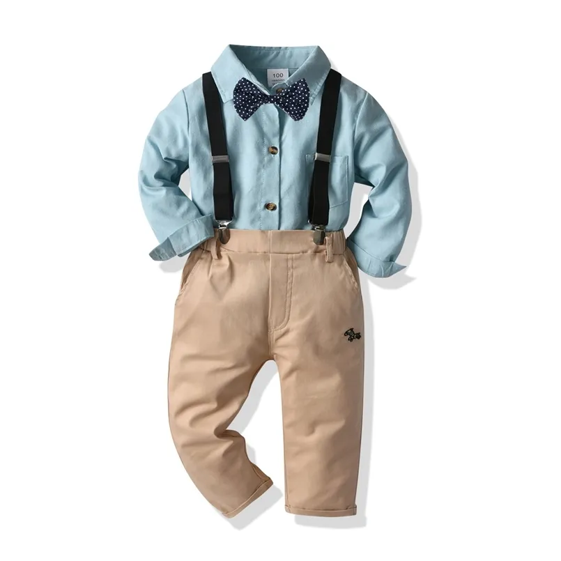 Junge Bowtie Hemd Träger Hosenanzug Kinder Baby Baumwolle Gentleman Kleid 210702