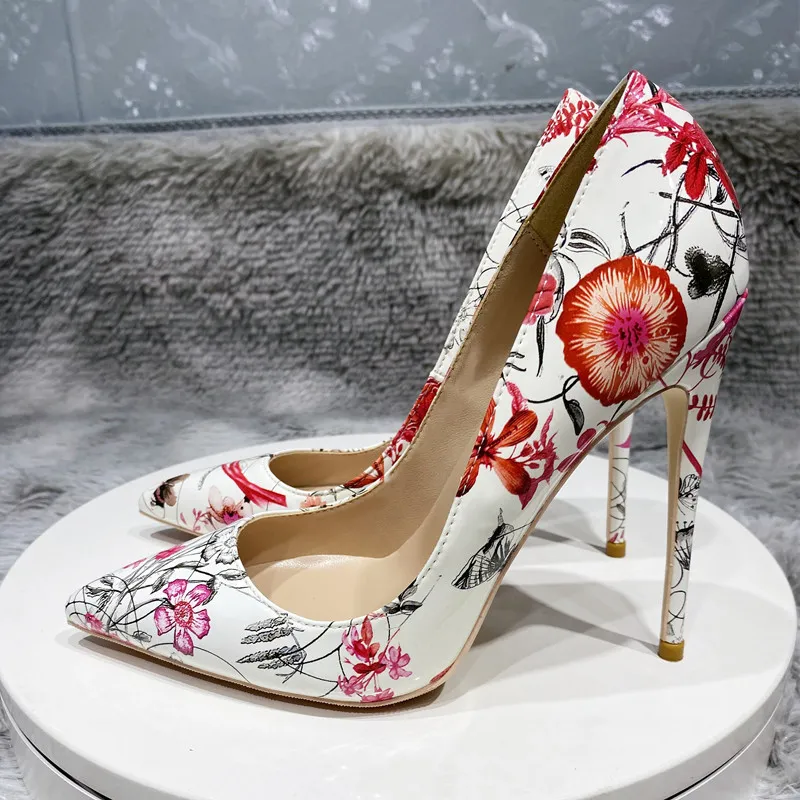 New Style Women Shoes Graphic Print Female White Patent Leather Floral Pointy Toe 8-12cm High Heel Shoe Sexy Ladies Gorgeous Stiletto Dress Pumps Big Size 44 45