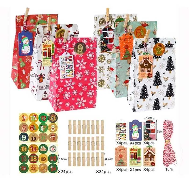 Joybos Christmas Advent 24-delige Gift Bag Snoep Kraftpapier Pakket Merry Sticker met Clip Chocolate 211104