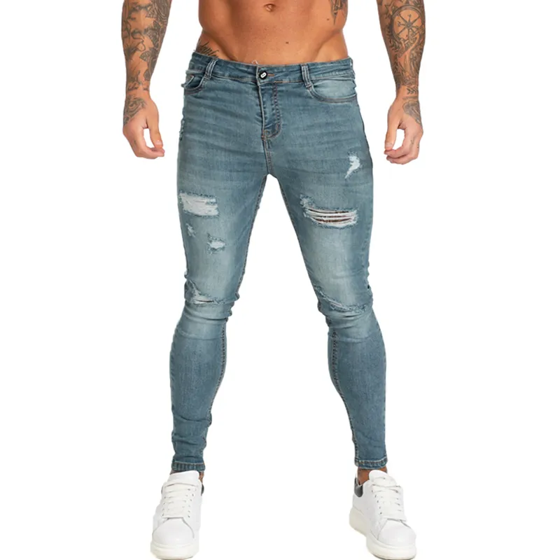 Män Jeans Skinny Stretch Reparerade Jeans Ljusblå Hip Hop Distressed Super Skinny Slim Fit Bomull Bekväm Stor Storlek