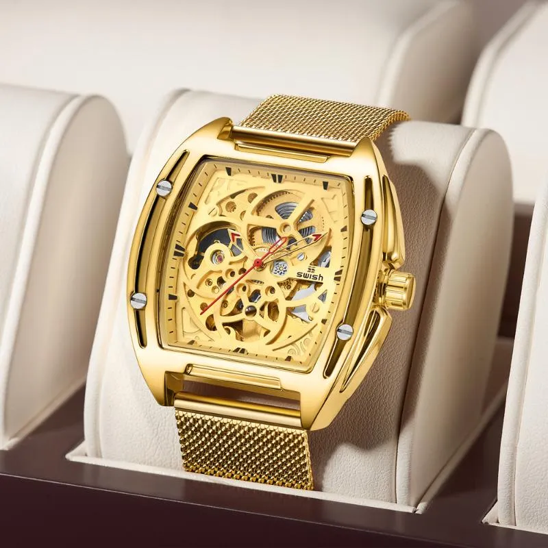 Horloges Swish Design Automatic Horloge Luxe Gouden Holle Mechanische Roestvrij staal Waterdicht Mannen Relogio Masculino