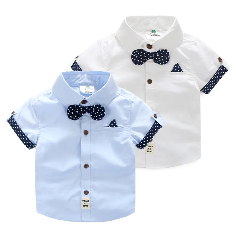Summer Children'S Birthday Party Clothing Cotton Short Sleeve Polka Dot Patchwork Child Kids Handsome Boy Bow Tie Shirt 210306