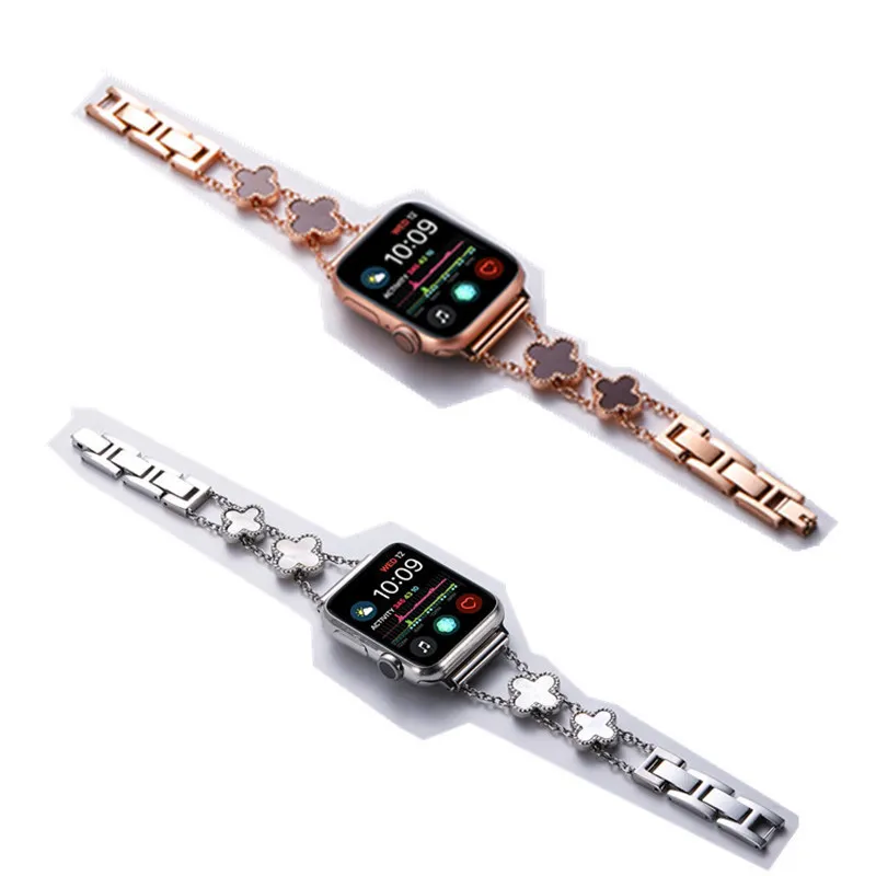 Metalen riemen voor Apple Watch Band 44mm 42mm 40mm 38mm 41mm 45mm vier-blad Clover Vervanging riem Iwatch 6 SE 5 4 3 2 1 SmartWatch