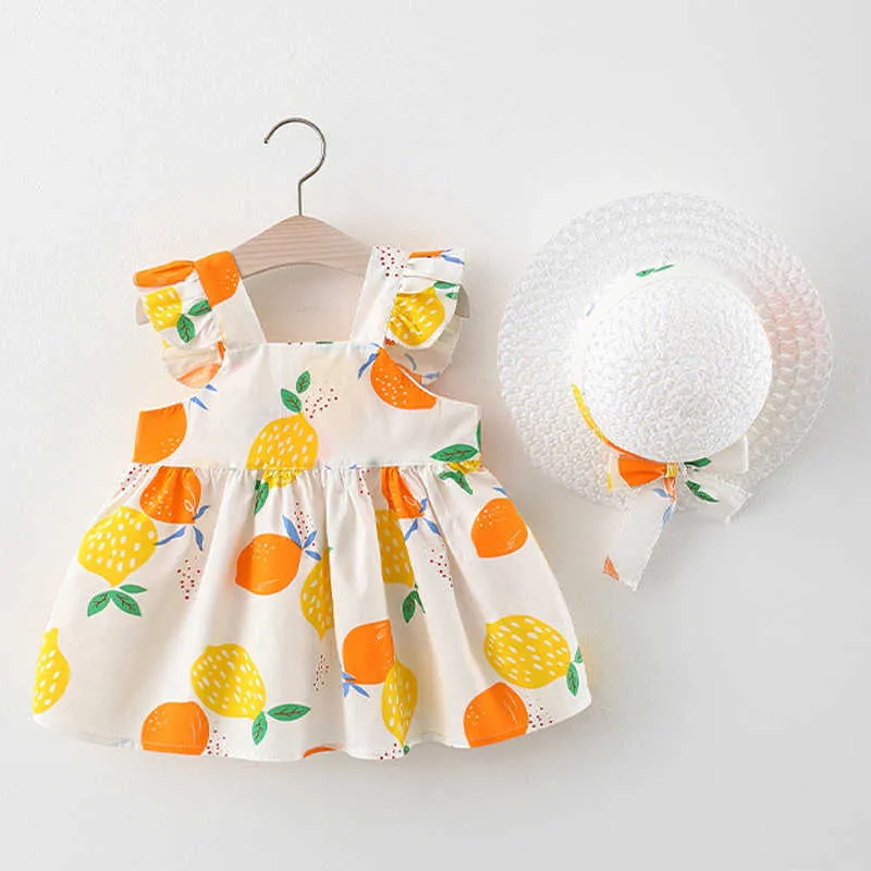 2021 Sommarbarnflickor Klänningar för Baby Casual Beach Bow Print Sundress Nyfödda Kläder Infant Princess Dress + Hat Outfits Q0716