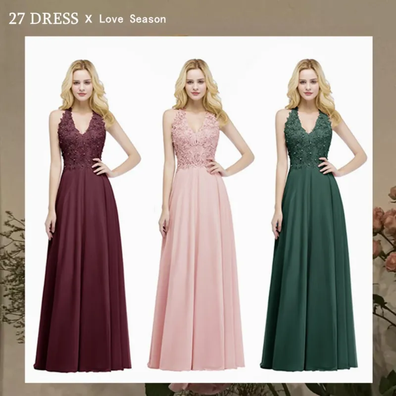 24h Fast Ship Sexy V Neck Lace Chiffon Bridesmaid Dress Long with Pearls Sleeveless Wedding Evening Dress Robe De Soirée on Sale Cps912