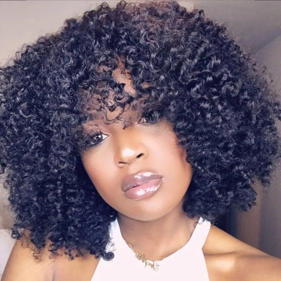 Cabelo curto Afro Kinky peruca encaracolado com franja para mulheres negras Africano Sintética Glueless Cosplay Perucas Alta Temperatura 14 "