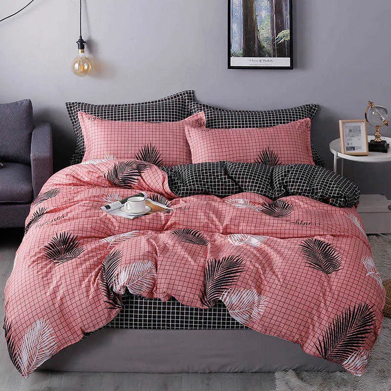 Leaf Printed Bedding Set Nordic Bed Linen Sheet Plaid Duvet Cover Single Double Queen Quilt Covers Sets Bedclothes 210706