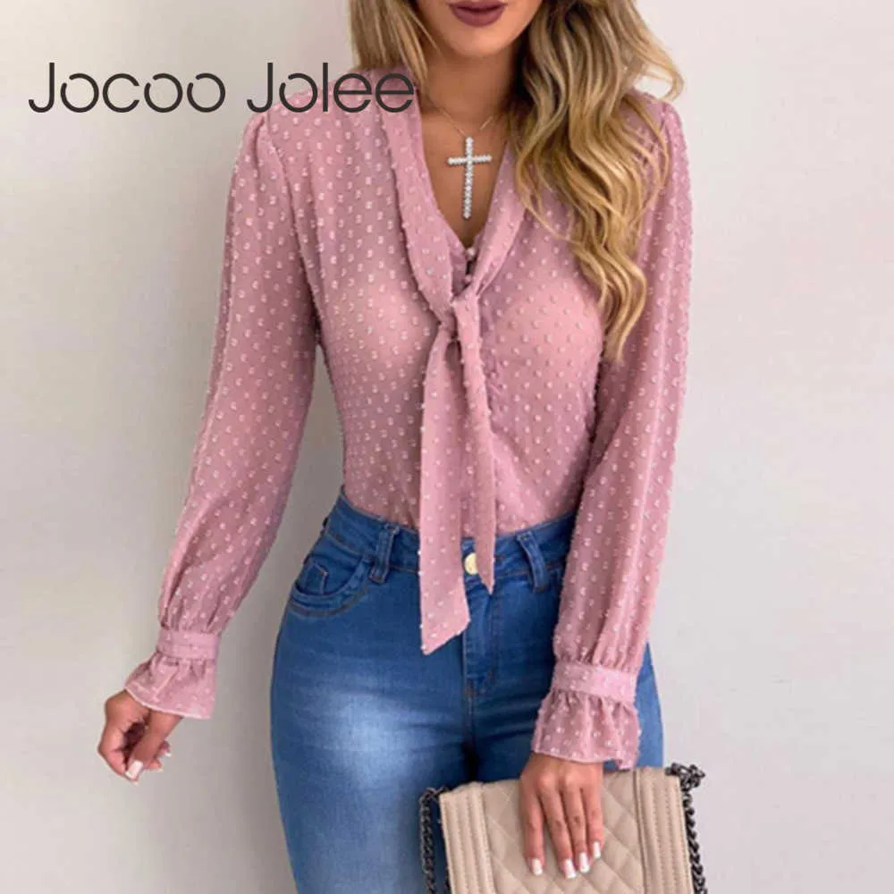 Jocoo Jolee Donna Chiffon Camicette Donne Primavera Manica lunga V Collo V Shirt da ufficio Camicia da ufficio Slip Slim Casual Tops Femmina Plus Size 210619