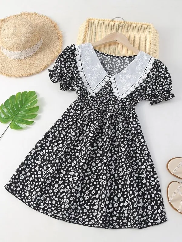 Girls Ditsy Floral Eyelet Embroidery Statement Collar Puff Sleeve Dress SHE