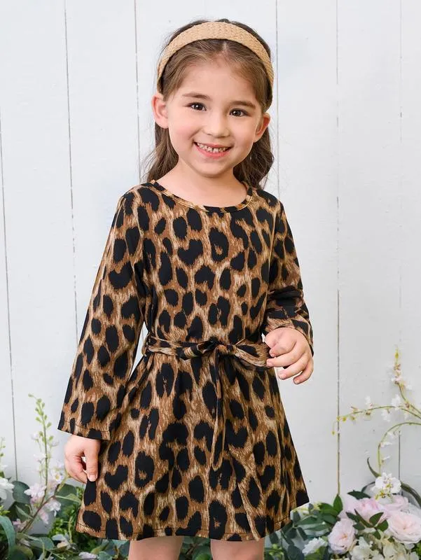 Toddler Girls Leopard Print Belted Tunic Dress SHE