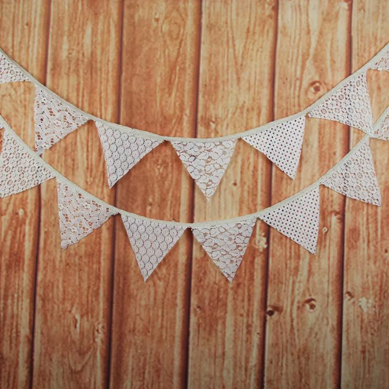 Party Dekoration 1 st Vit Blandad Färgblomma Enstaka Layer Lace Beige Pennant European Style Wedding Hanging Flag String