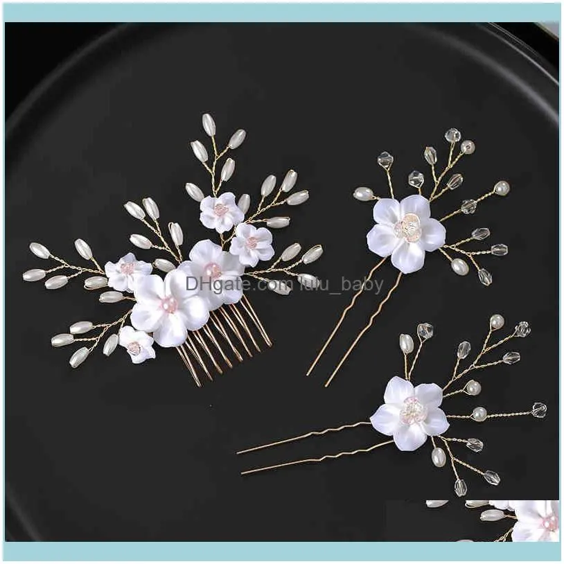 Gold 3 Pcs Pearl Combs Clips Sets Crystal pins Wedding Hair Accessories Women Head Jewelry Ribbon Flower