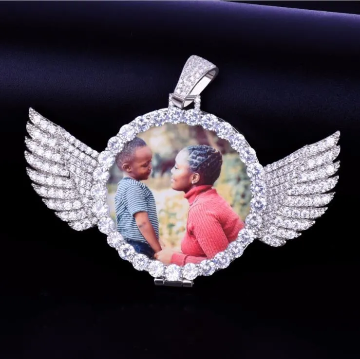 Custom Made Photo With Wings Medallions Necklace & Pendant Free Rope Chain Gold Silver Color Cubic Zircon Men`s Hip hop Jewelry