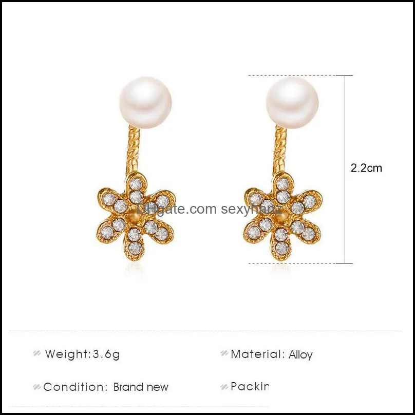 Yamog Korean Diamond Flowers Pearl Charm Earrings Women Female Alloy Tassel Plants Ear Studs For Business Party Sweater Earring Jewelry Accessories Gold