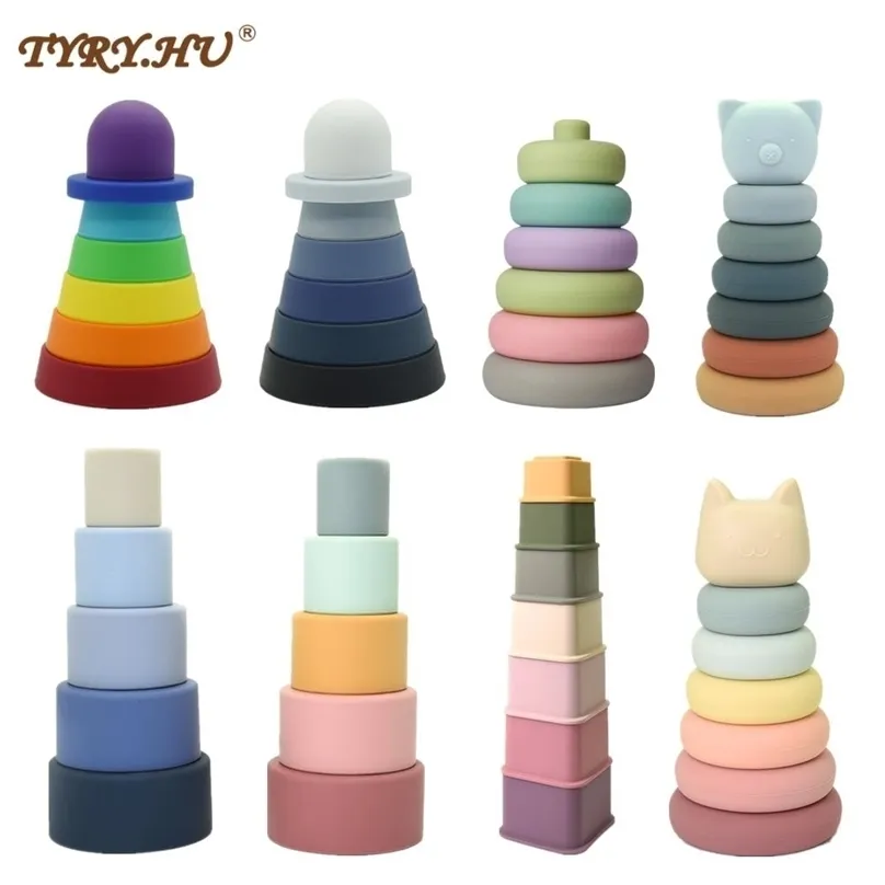 Giocattoli educativi Montessori Silicone per bambini Impilabile Regalo di intelligenza colorato Torre pieghevole Vasca da bagno per bambini Gioco d'acqua Set 211106