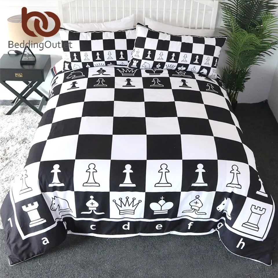 BeddingOutlet Chess Board Bedding Set Black and White Bedspreads Games Home Textiles Squares Teen Boys Bed Set Queen Dropship C0223