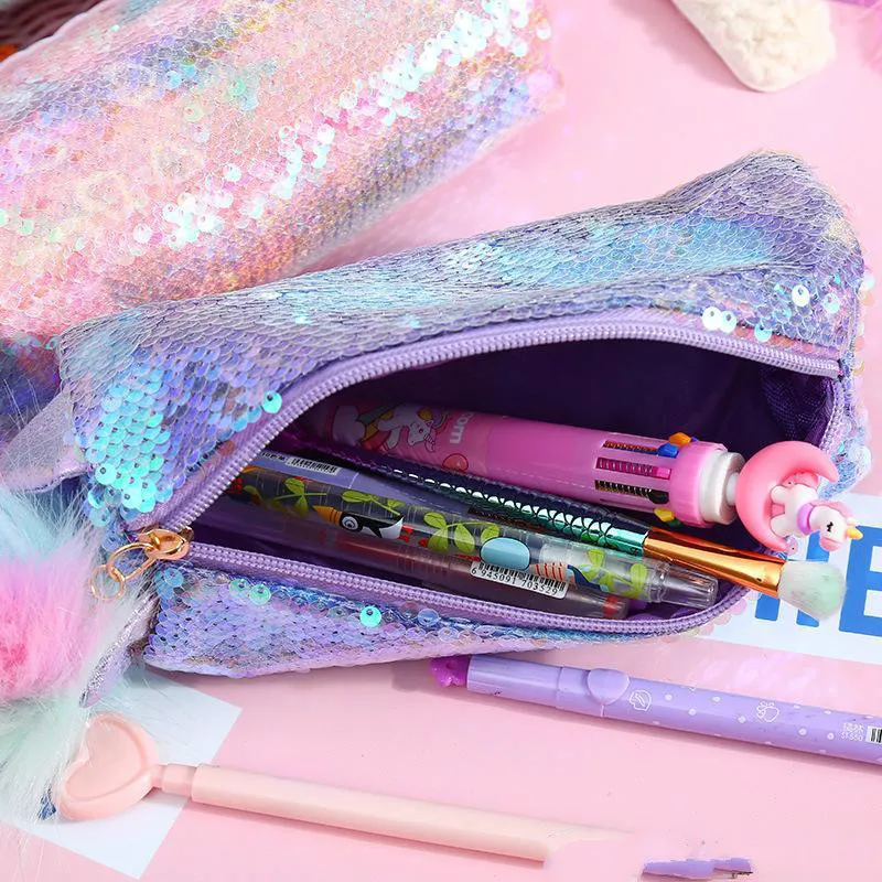 Kid Girl Unicorn Sequins Pencil Bag Student Purses Cartoon Bling Bing Cosmetic Storage Bag New 2020 